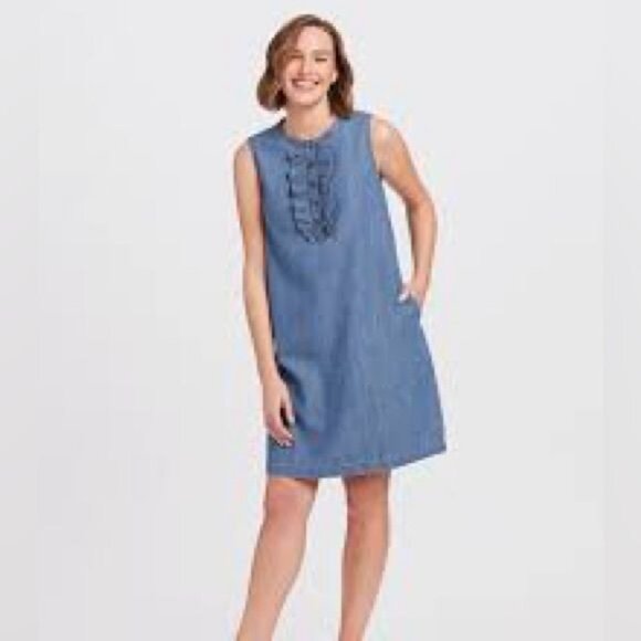 Draper James Sleeveless Dark Denim Chambray Ruffle Shift Dress Large Reese - Picture 2 of 12